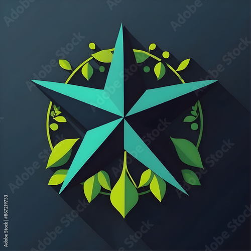 Nature's Guiding Star: A vibrant teal nautical star, crafted in a modern papercut style, shines bright amidst a verdant wreath of leaves, symbolizing growth, direction, and the beauty of nature