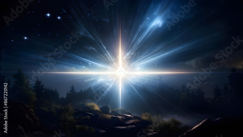A bright and large star shines brightly, blessing baby Jesus in the manger of the stable. A background and concept that celebrates Christmas and suggests the birth and death of Jesus on the cross. 