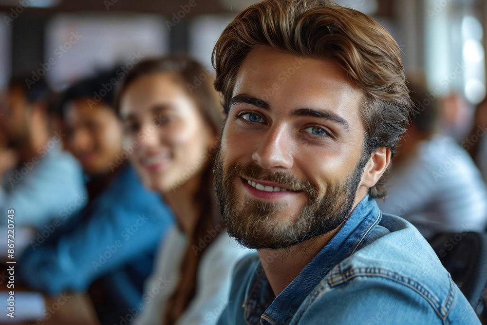 The beautiful group of business people, including a smiling man with a well groomed beard, are attentively listening and participating in a training presentation in the office. The beautiful group of business people, including a smiling man with a well groomed beard, are attentively listening and participating in a training presentation in the office.