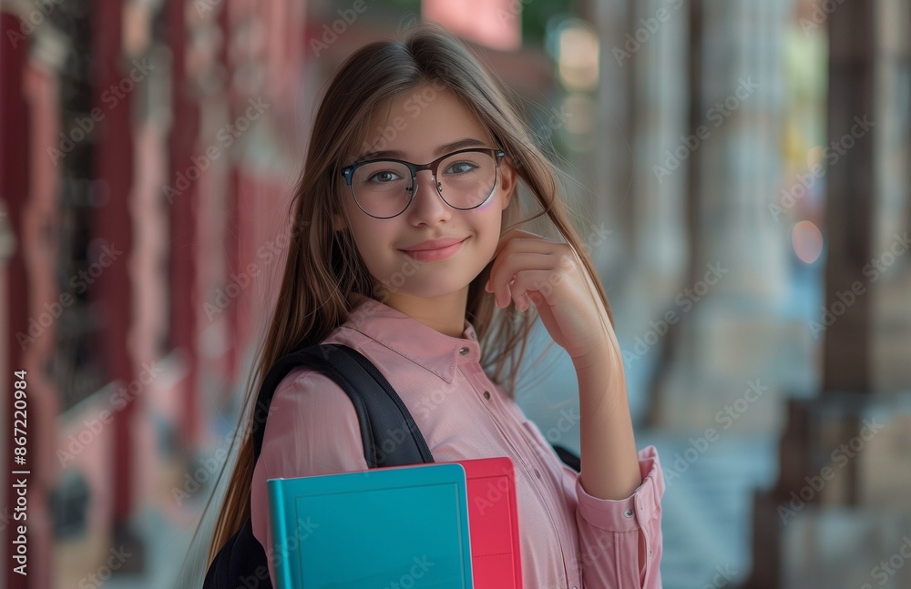 Happy, beautiful young girl with glasses holding red and blue book, school building in background