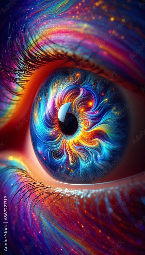 A vibrant, close-up shot of an eye with swirling colors that form a miniature world within its iris A vibrant, close-up shot of an eye with swirling colors that form a miniature world within its iris
