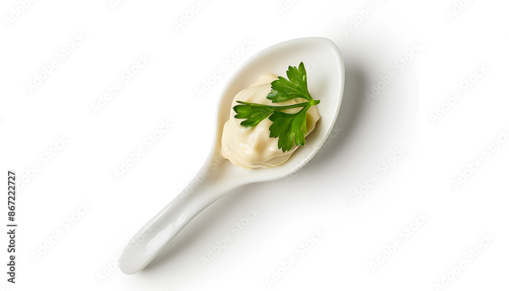 Spoon with tasty mayonnaise isolated on white, top view Spoon with tasty mayonnaise isolated on white, top view