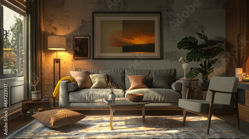 Cozy living room with gray couch, chair, and warm lighting