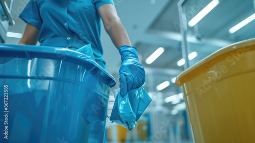 Healthcare Worker Disposing Medical Waste in Modern Hospital Facility
