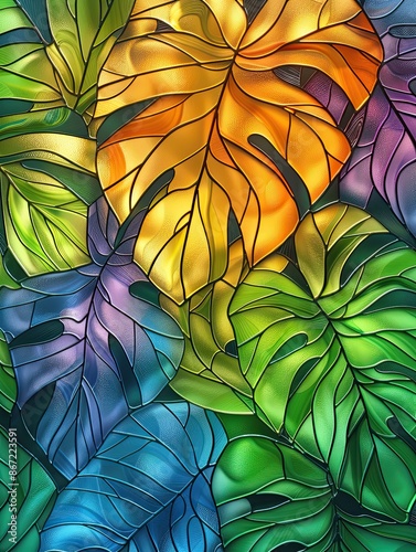 A stunning stained glass artwork featuring colorful monstera leaves in a variety of vibrant hues, creating a lush and dynamic composition.