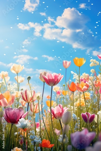 Colorful tulips against blue sky