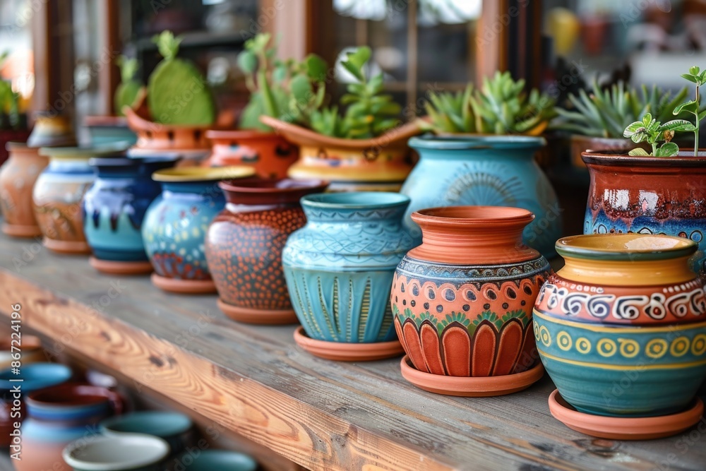 Colorful Handcrafted Ceramic Pottery Display with Succulent Plants Colorful Handcrafted Ceramic Pottery Display with Succulent Plants