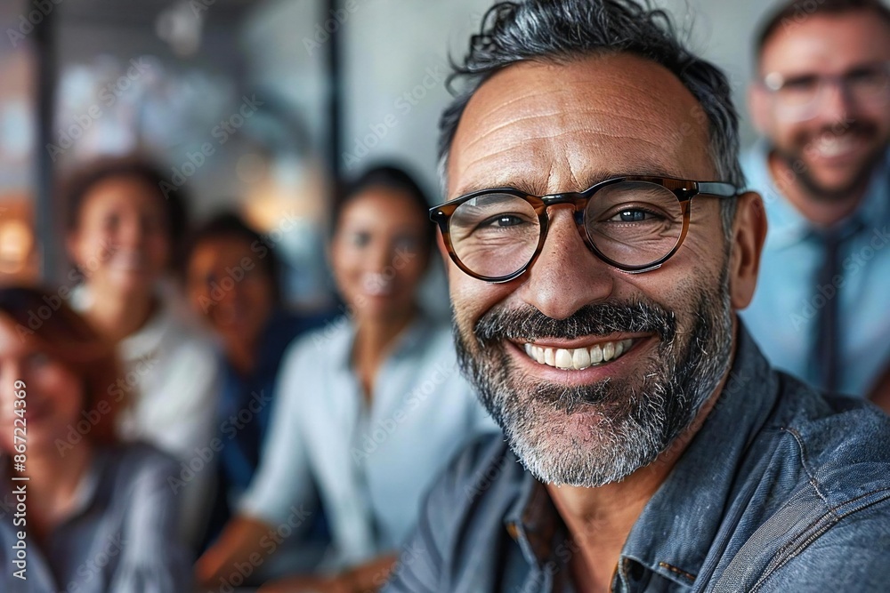 Happy mature businessman smiling with his beautiful colleagues in a diverse office setting, one man wearing eyeglasses and a well-groomed beard. Happy mature businessman smiling with his beautiful colleagues in a diverse office setting, one man wearing eyeglasses and a well-groomed beard.