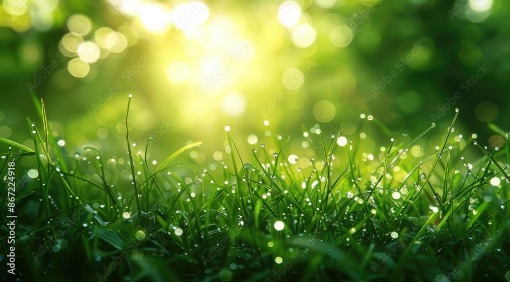 Obraz premium Dewy grass blades in morning sunlight