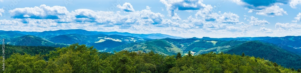 Germany, XXL aerial panorama nature scenery view above schwarzwald tree tops, mountains, valleys, sunny day near haslach im kinzigtal in summer vacation time