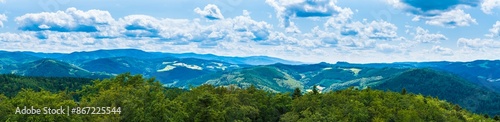 Obraz na płótnie Germany, XXL aerial panorama nature scenery view above schwarzwald tree tops, mountains, valleys, sunny day near haslach im kinzigtal in summer vacation time w salonie
