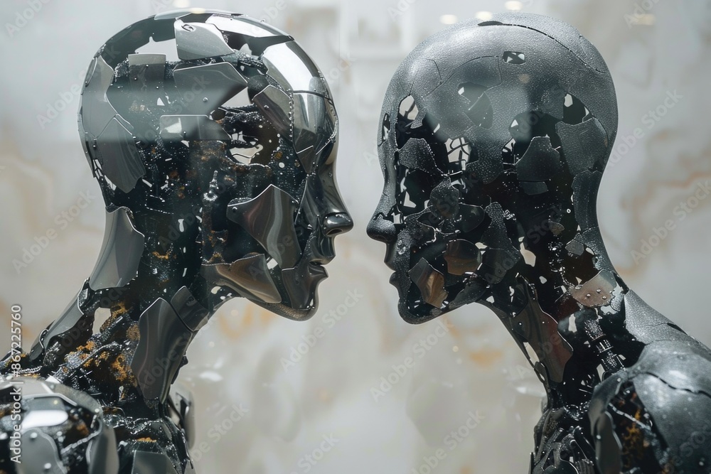 Two white and grey humanoid robots facing each other Two white and grey humanoid robots facing each other