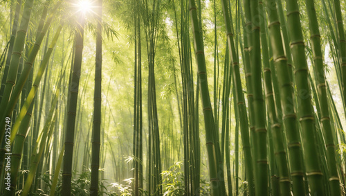 a dense grove of tall, green bamboo stalks with sunlight filtering