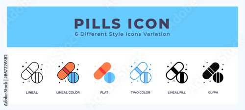 Pills icon set with different styles. Vector illustration.