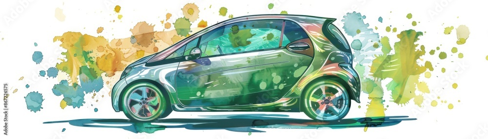 Fototapeta premium Colorful watercolor painting of a compact car with abstract splashes in the background, showcasing vibrant artistic expression and modern automotive design.