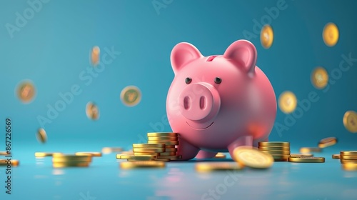 Pink Piggy Bank with Falling Gold Coins 