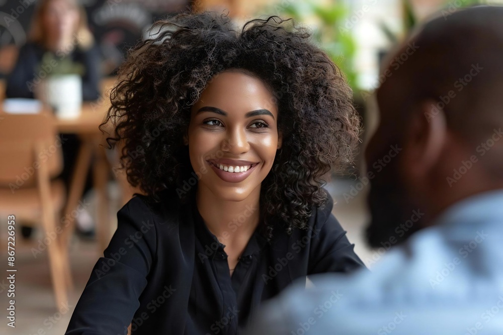 beautiful African woman is smiling and giving instructions to a diverse business team during a corporate training meeting, while a well-groomed male colleague listens attentively. beautiful African woman is smiling and giving instructions to a diverse business team during a corporate training meeting, while a well-groomed male colleague listens attentively.