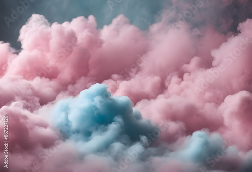 A vibrant cloud of pastel pink and blue smoke blending together in an abstract pattern for gender reveal or baby shower.