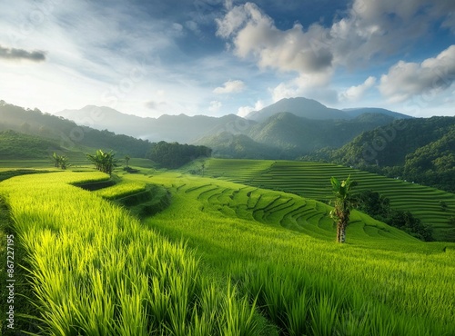 view of rice fields with mountains