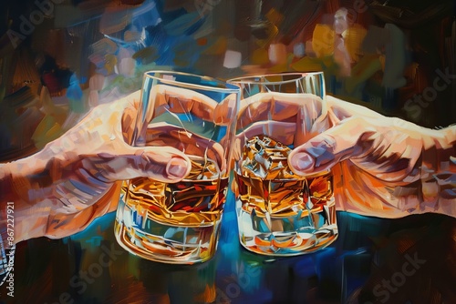 Two friends are enjoying a whiskey together in a bar, raising their glasses in a toast