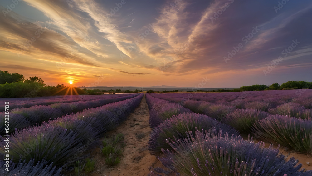 A beautiful sunset at the horizon with lavender fields A beautiful sunset at the horizon with lavender fields
