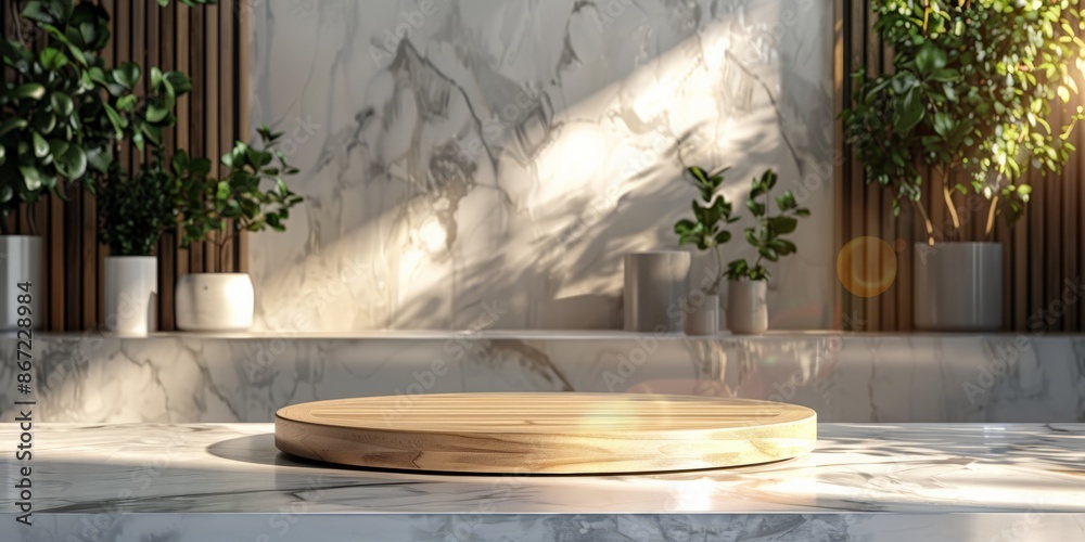 Fototapeta premium Wooden platform on a marble surface with plants in a bright, sunlit room.