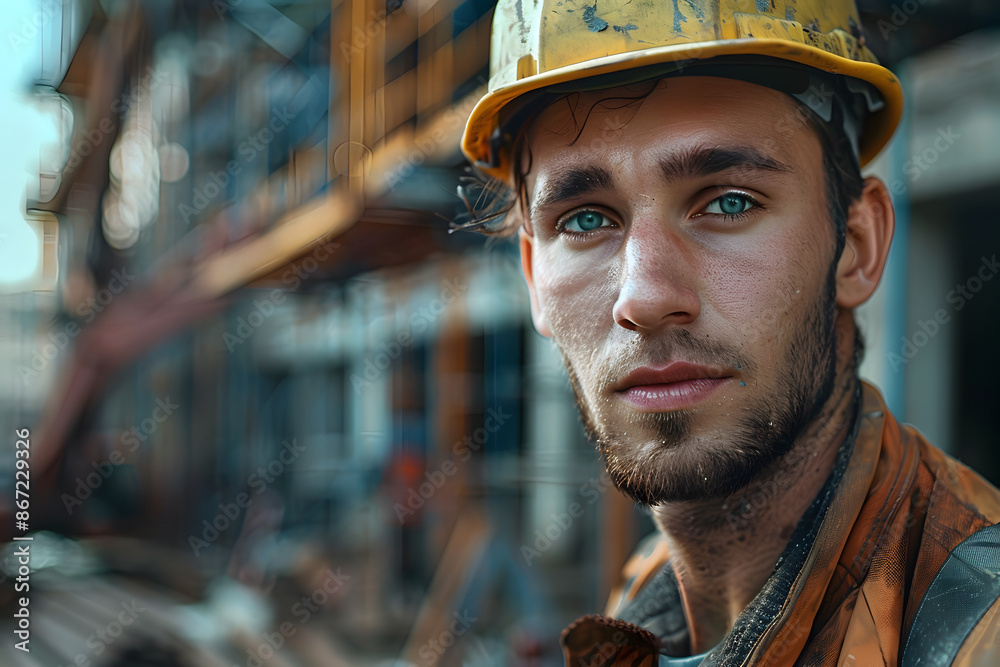 A portrait of a tired site engineer at the construction site A portrait of a tired site engineer at the construction site