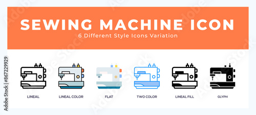 Sewing machine icon set. outline. glyph black. flat color and filled line color