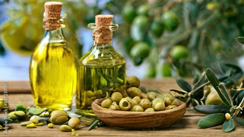 olive oil and olive plants beside it.