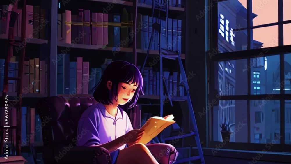 Lofi Girl studying in her cozy Room, winter, summer study, lofi, cozy manga, rain, mood, overlay zoom OBS, anime chill hip hop Music Background. Cyan purple colours manga style Animation