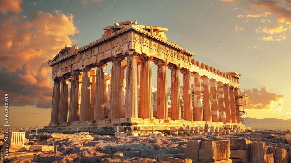 Naklejka premium Greek legacy: The Parthenon in Athens, Greece, bathed in golden light, representing its importance as a historical and tourist site