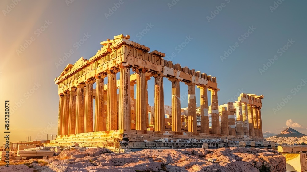 Obraz premium Greek legacy: The Parthenon in Athens, Greece, bathed in golden light, representing its importance as a historical and tourist site