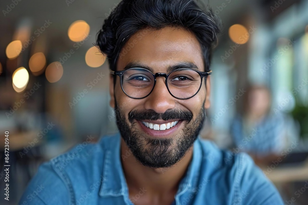 The beautiful person with eyeglasses and a well-groomed beard is smiling and pressing a rubber stamp on a document. The beautiful person with eyeglasses and a well-groomed beard is smiling and pressing a rubber stamp on a document.