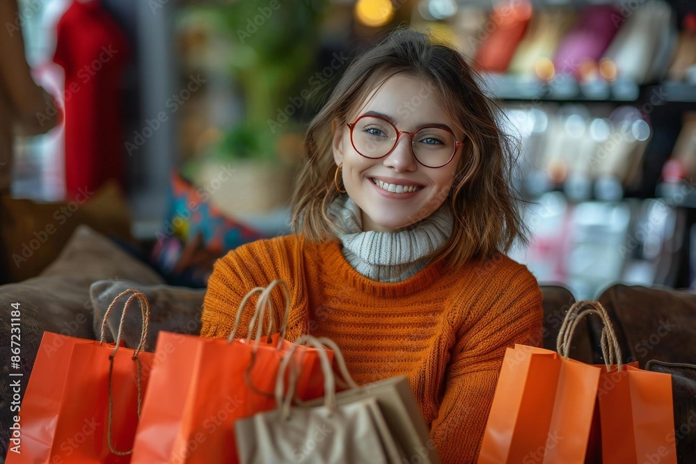 Young beautiful woman smiling, wearing eyeglasses, sitting on couch shopping online. Young beautiful woman smiling, wearing eyeglasses, sitting on couch shopping online.