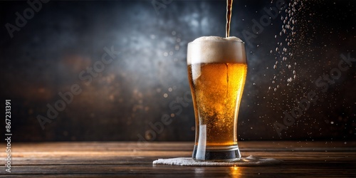 beer is poured into glass of beer, cold beer, drops running down the glass photo