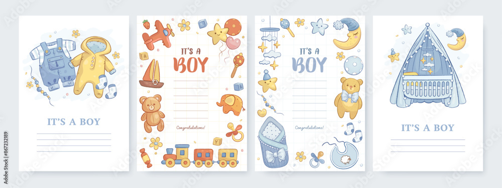 Set of baby shower greeting card, web banner, cover, flyer, party invitation design template with hand drawn cartoon toys, clothes and flowers. Vector illustration
