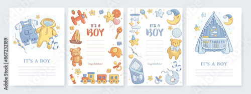 Set of baby shower greeting card, web banner, cover, flyer, party invitation design template with hand drawn cartoon toys, clothes and flowers. Vector illustration