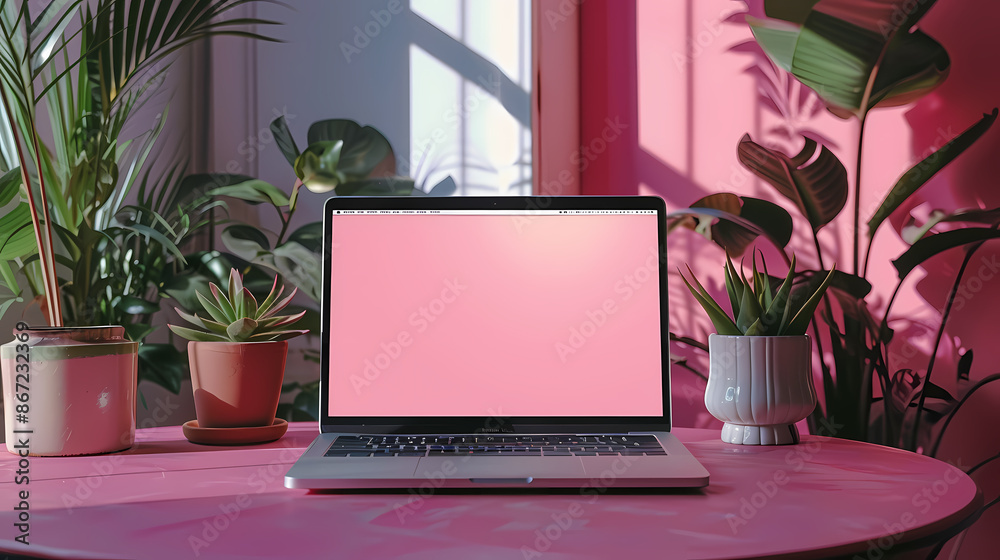 Fototapeta premium Modern laptop on a pink desk surrounded by lush green plants and sunlight.