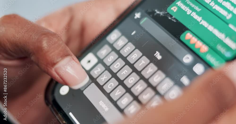 Hands, phone screen and woman with emoji for chatting, typing and internet with app, message and texting. Closeup, person and girl on cellphone, social media and contact with icons for communication