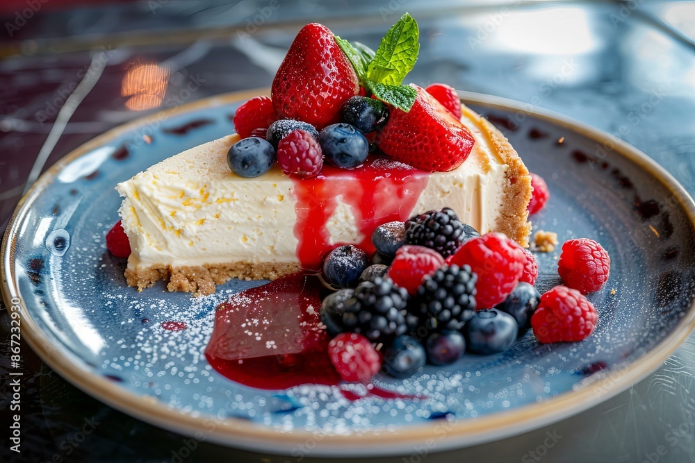 Cheesecake slice topped with a variety of fresh berries and sauce, creating a visually appealing and tempting dessert Cheesecake slice topped with a variety of fresh berries and sauce, creating a visually appealing and tempting dessert