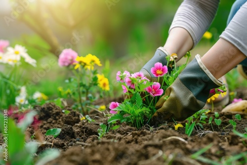 Close-up of a Gardener Planting Flowers in a Sunny Garden