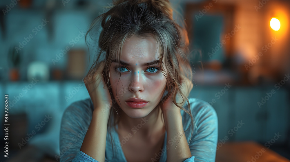A beautiful woman with blue eyes and blonde hair in her room, holding the side of her head as if she is having pain, looking at the camera, portrait photography with cinematic lighting. A beautiful woman with blue eyes and blonde hair in her room, holding the side of her head as if she is having pain, looking at the camera, portrait photography with cinematic lighting.