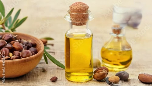 jojoba seed oil and jojoba plant beside it.