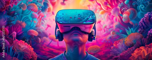 Person wearing VR headset exploring vibrant, surreal digital world with colorful ethereal landscapes. Futuristic technology, virtual reality concept. photo