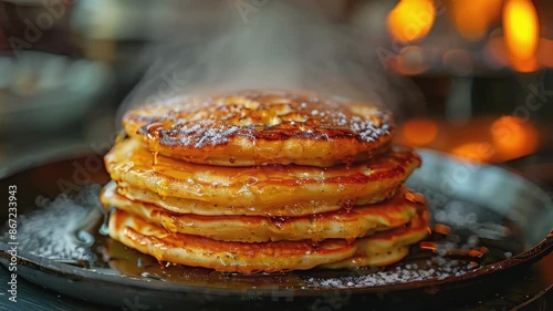 Close up hot pancakes with steam, commercial kitchen, cafe, bakery background photo