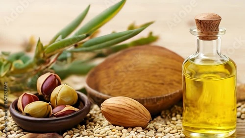 jojoba seed oil and jojoba plant beside it.