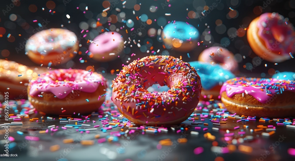 Colorful Donuts with Sprinkles Falling Colorful Donuts with Sprinkles Falling