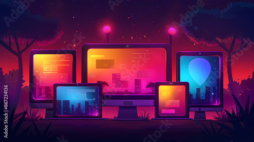 Futuristic digital landscape with glowing monitors at dusk, showcasing vibrant UI designs.