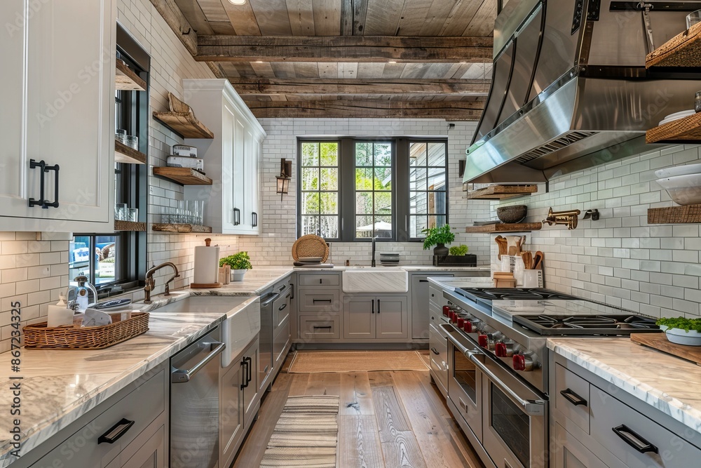 Spacious modern farmhouse kitchen with stainless steel appliances featuring exposed wood beams Spacious modern farmhouse kitchen with stainless steel appliances featuring exposed wood beams