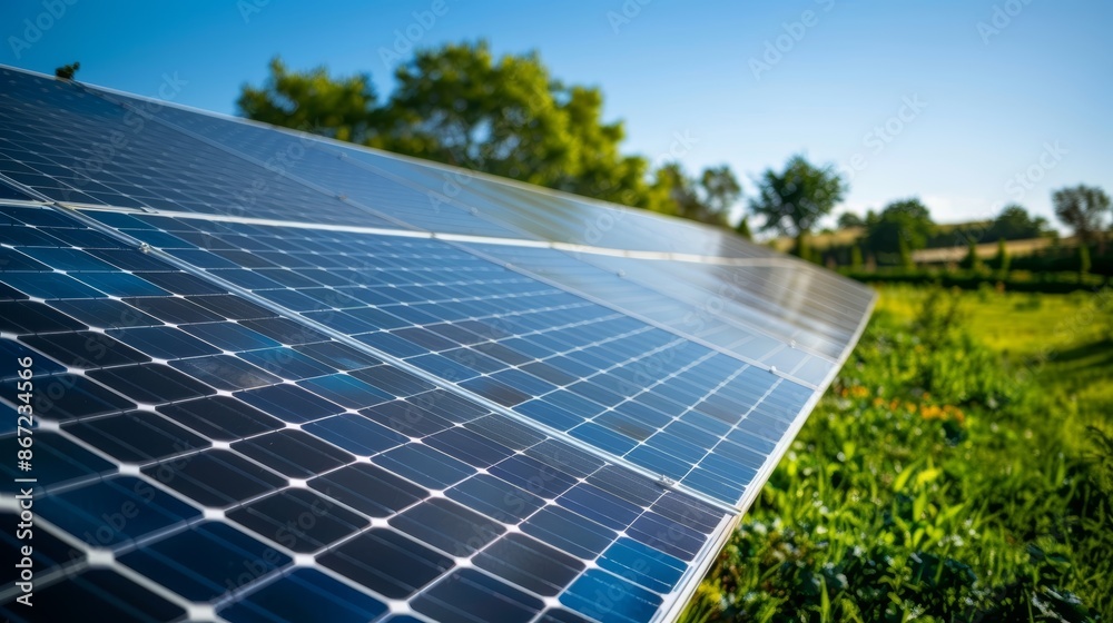 A close-up of solar panels in a field, with green grass and trees in the background. The panels are reflecting the sunlight. A close-up of solar panels in a field, with green grass and trees in the background. The panels are reflecting the sunlight.